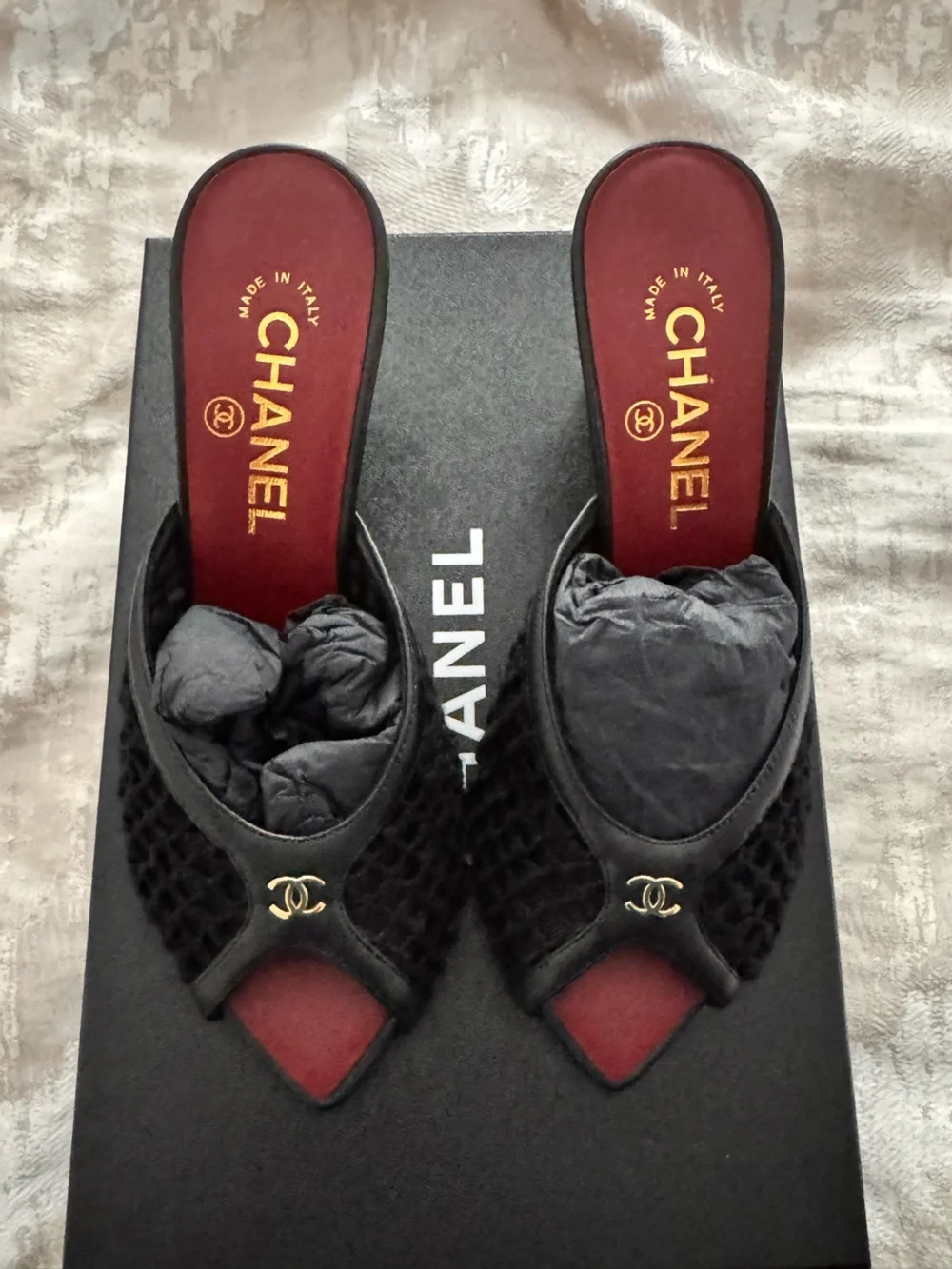 CHANEL Coco beach 37.5 Black Mesh Open-Toe Mule with Gold CC Accent NWT